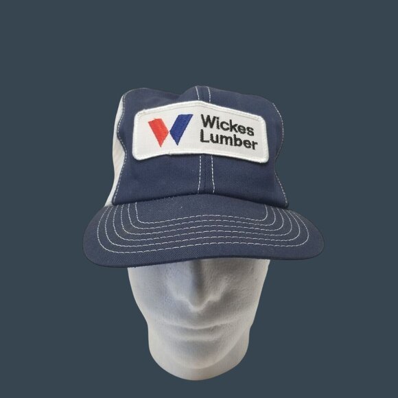 Vintage Wickes Lumber Mesh Snapback Trucker Hat Navy Blue & White Adjustable Cap - Picture 1 of 9